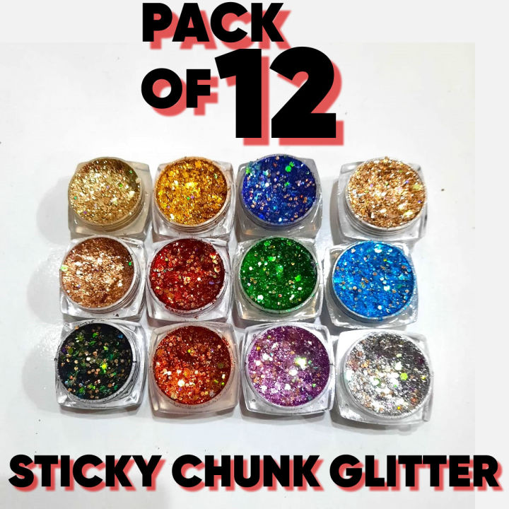 Chunky Glitter for Eye Makeup & Nails – 12 Multicolor Shades Pack